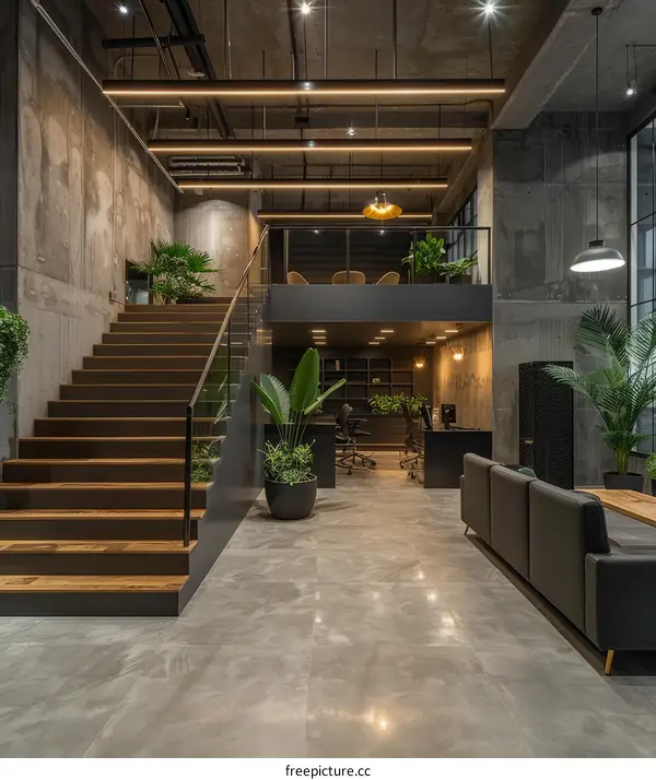 Modern Industrial Office with Black Leather Sofas and Wooden Stairs