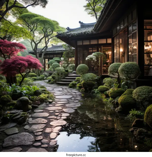 Japanese Garden with Traditional House and Stone Path