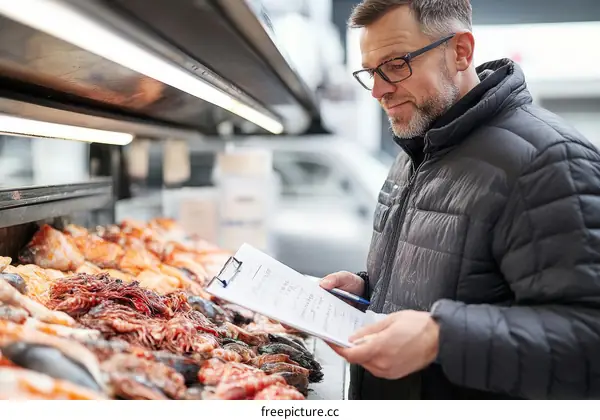 Caucasian Man Inspecting Fresh Seafood at Fish Market
