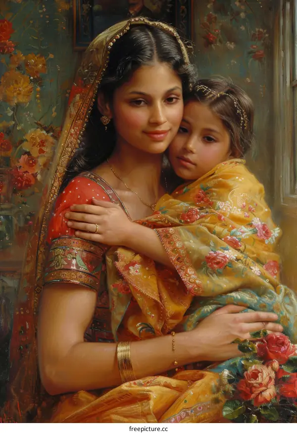 A Mother and Daughter Embrace in Traditional Indian Attire