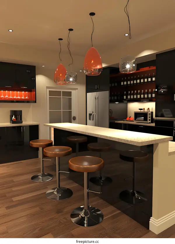 Modern Kitchen Design with Black Cabinets and Pendant Lights