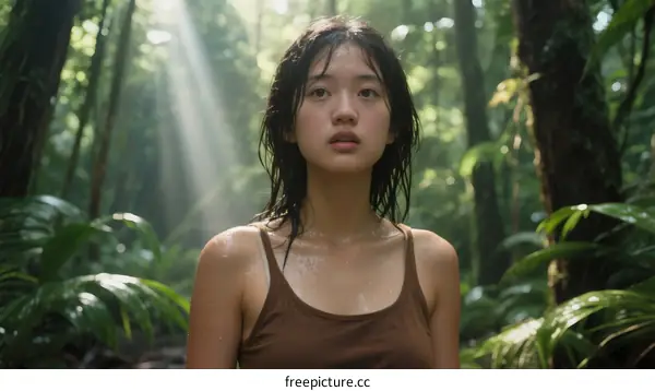 Young woman standing in dense rainforest with sunlight filtering through