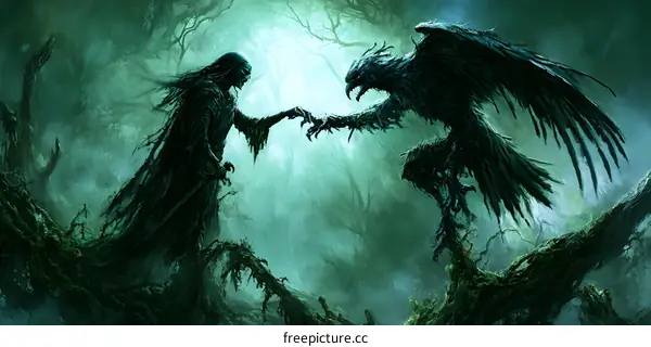 Dark Fantasy Illustration of a Creature and a Man Reaching for Each Other in the Forest
