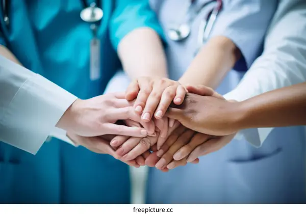 Multiracial group of doctors joining hands in unity