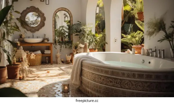 Zen Bathroom with Bathtub and Lush Plants