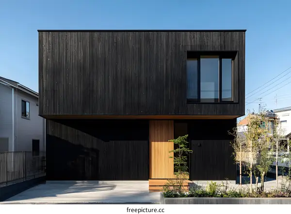 Modern Black Wooden House with Minimalist Design and Large Windows