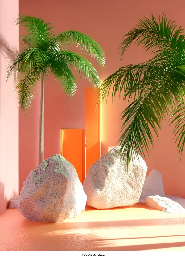 Minimalist 3D Render with Palm Trees and Rocks in a Peach Room