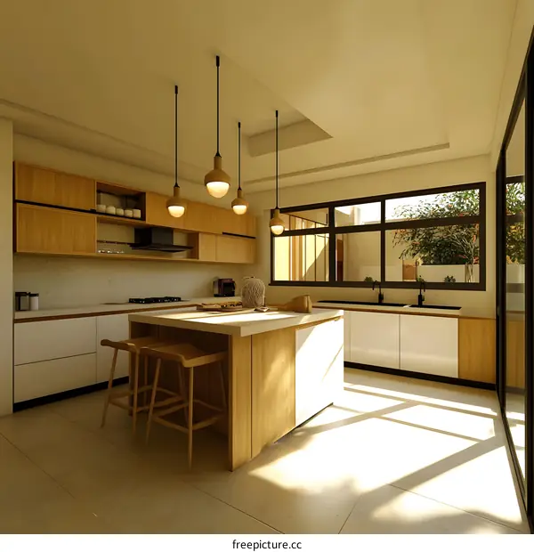 Modern Kitchen with Wooden Cabinets and Island