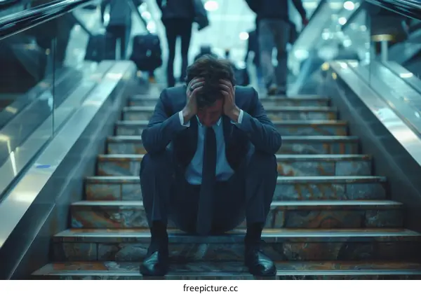 Businessman sitting on stairs looking stressed and holding his head in his hands