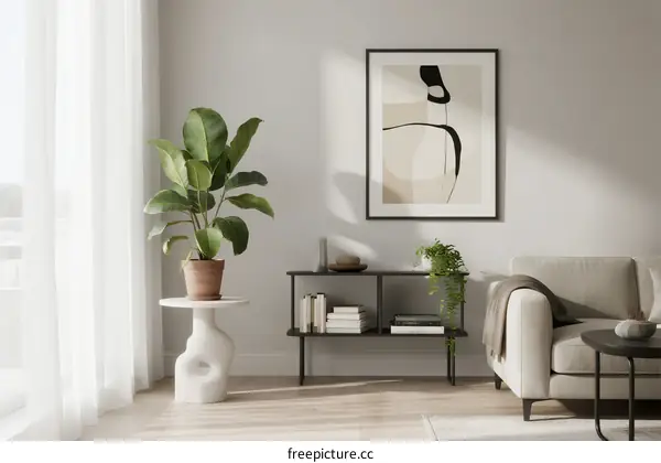 Modern minimalist living room with plants and abstract art