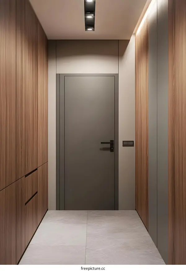 Modern Minimalist Interior Design of a Hallway With Wooden Wall Panels
