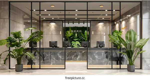 Modern Office Reception Area With Green Plants
