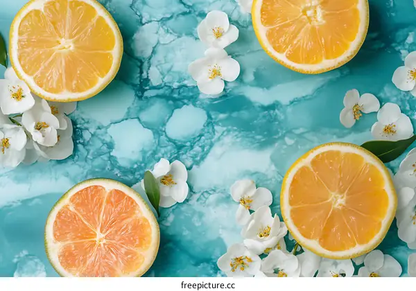 Citrus Fruit and White Flowers on Turquoise Background