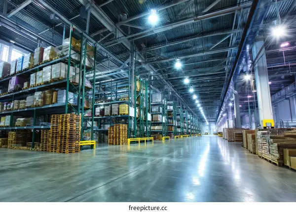 Modern Warehouse with High Shelving and Pallets