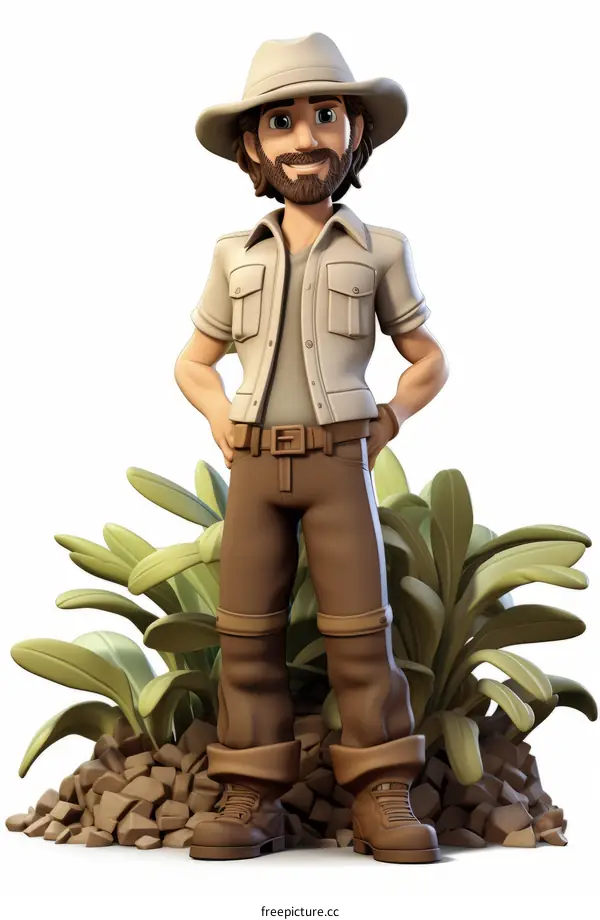 A cartoon image of a male explorer with a beard wearing a khaki shirt and brown pants standing in front of a lush green plant