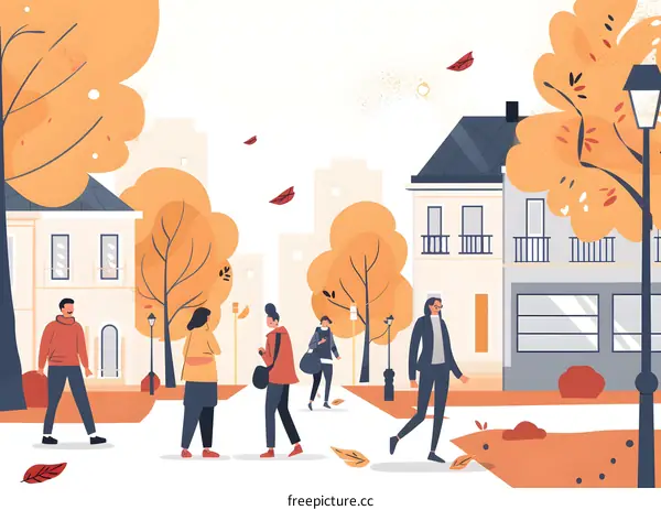 Autumn in City Park with People Walking