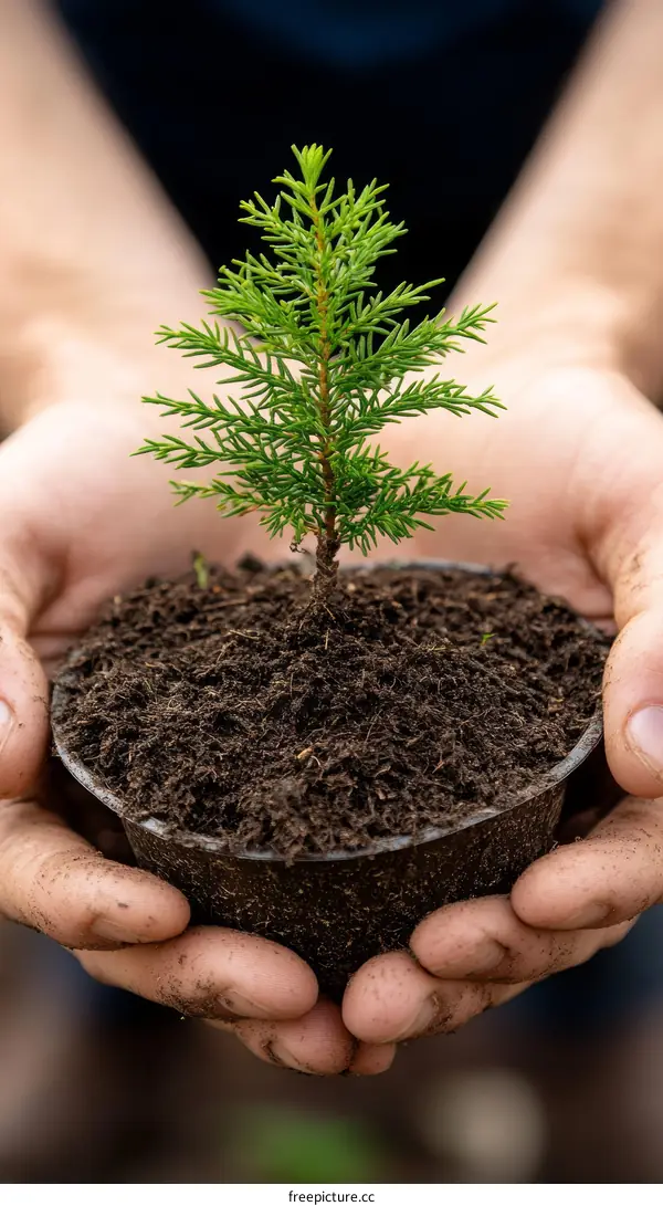 Hands Holding a Small Tree Sapling in Soil