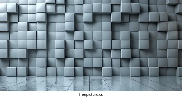 Gray cube wall background with reflective floor