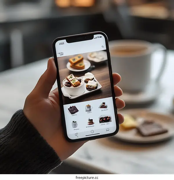 Hand Holding Smartphone Showing Dessert Options on the Screen