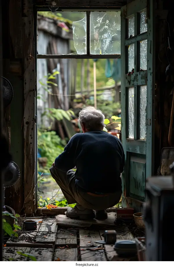 An old man is squatting in front of the door