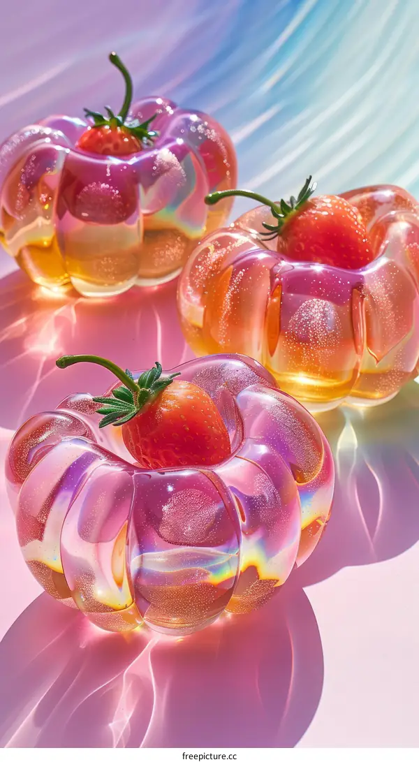 Surreal pink and orange glass pumpkins with strawberries