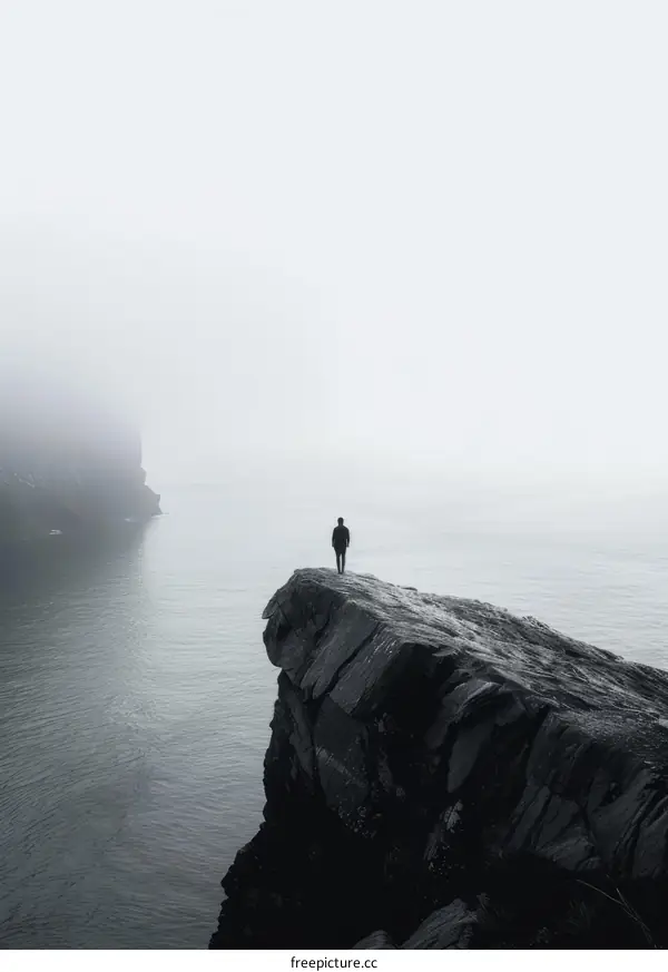 Man standing alone on a cliff overlooking a foggy sea