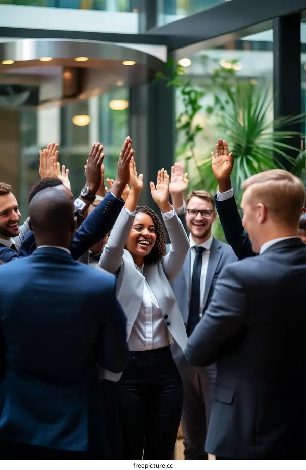 A group of business professionals celebrating their success with a high-five.