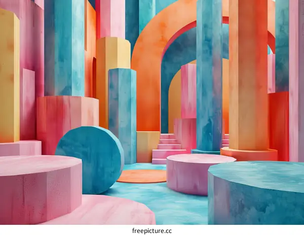 3D rendering of a colorful geometric structure with arches and columns