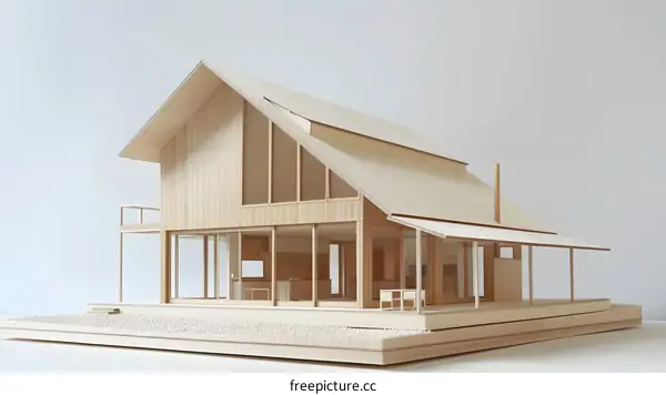 Wooden Model House with Roof and Chimney