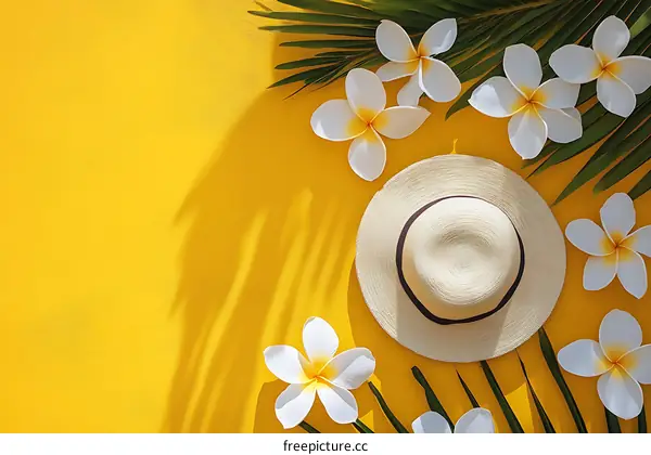 Summer Hat and Tropical Flowers on Yellow Background