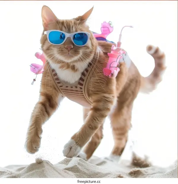 Cat wearing sunglasses and a pink striped life jacket with a snorkel