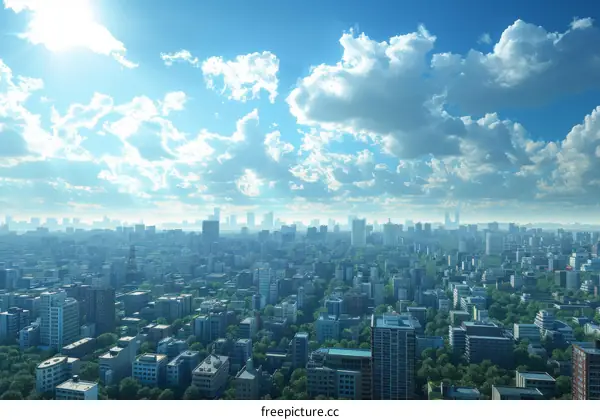 A bustling metropolis with towering skyscrapers and a clear blue sky