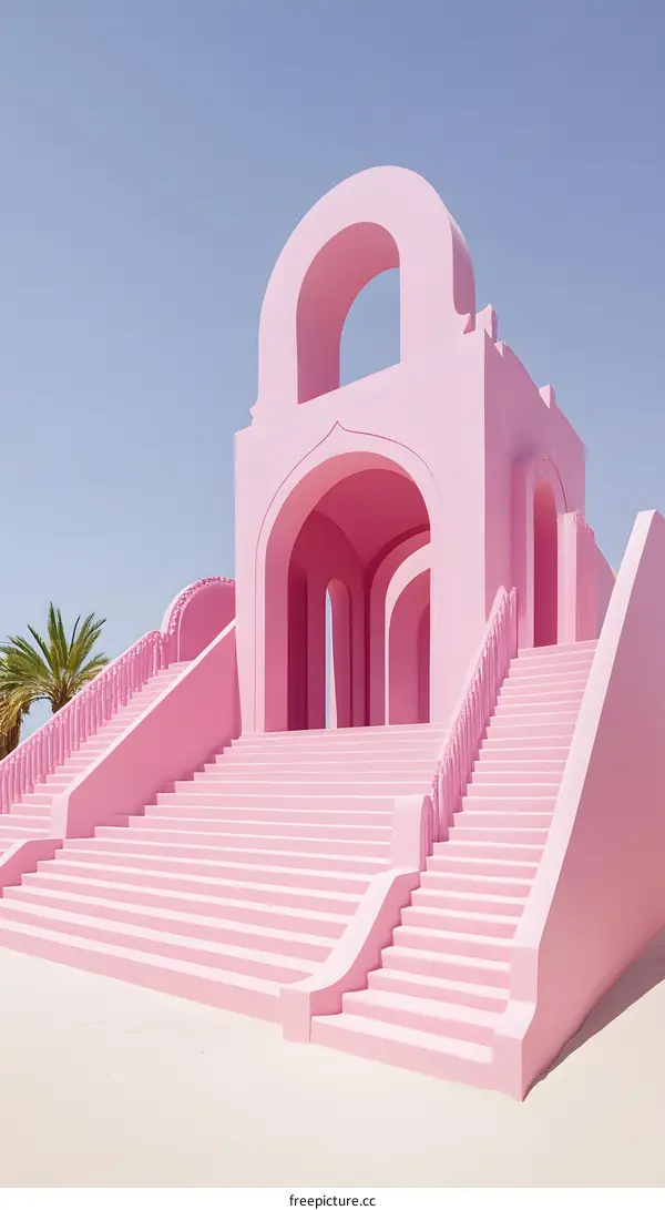 Pink Architecture with Arched Entrance and Stairs