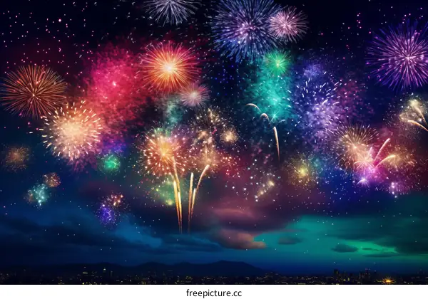 Colorful Fireworks Display Over City Skyline