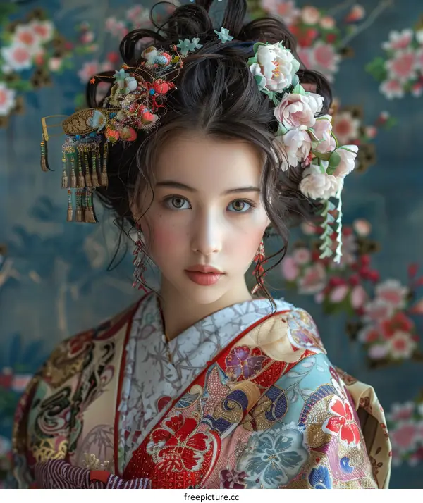 Portrait of a beautiful young woman in a kimono with flowers in her hair