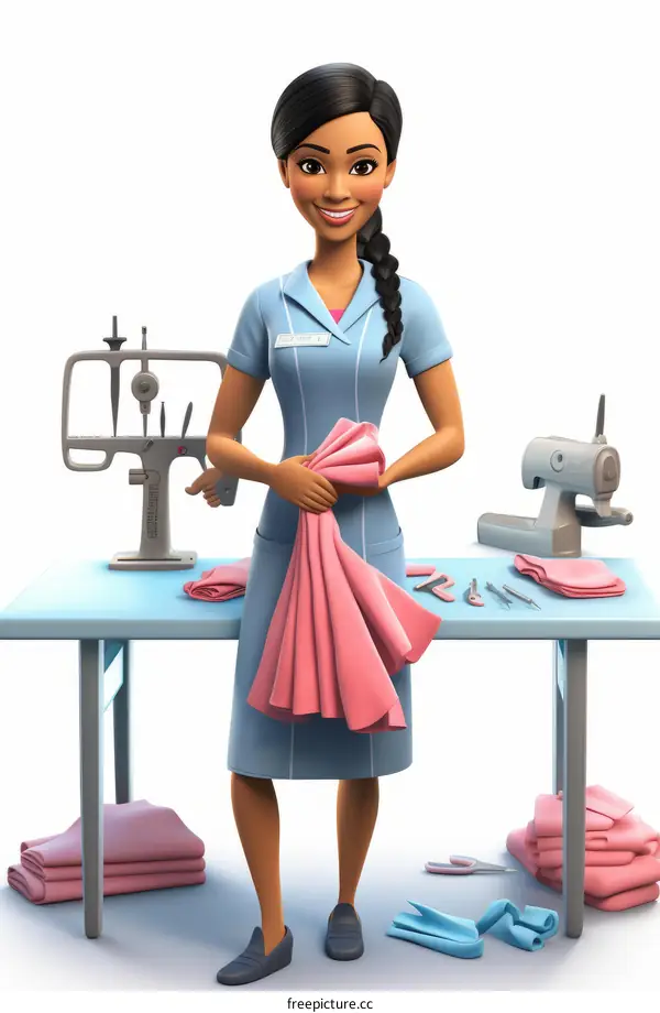 Black woman standing in front of a sewing machine