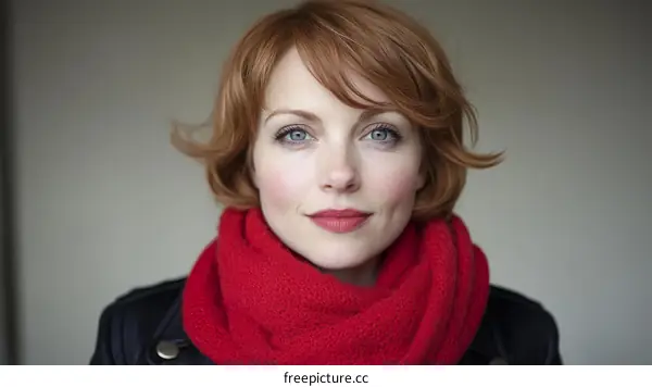 Close-up Portrait of a Redhead Woman with a Red Scarf