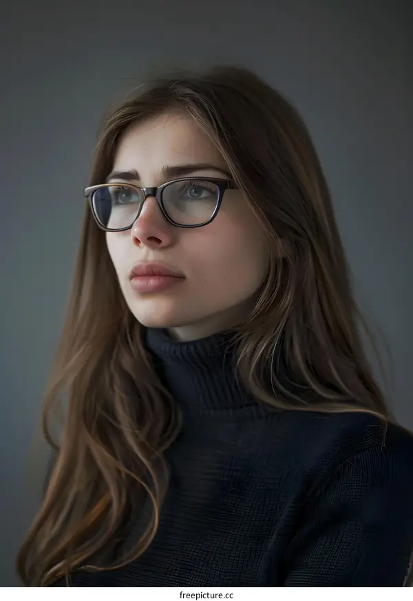 Portrait of a Young Woman with Glasses Looking Up