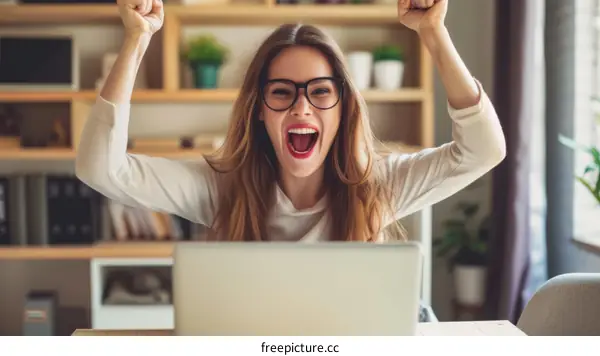 Young woman celebrating her online success