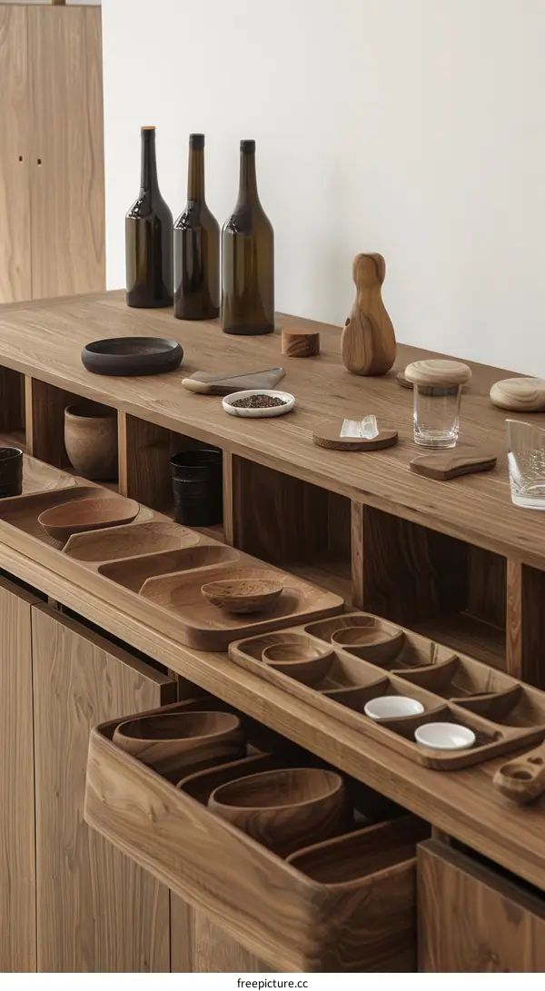 Stylish Wooden Cabinet with Display of Kitchenware