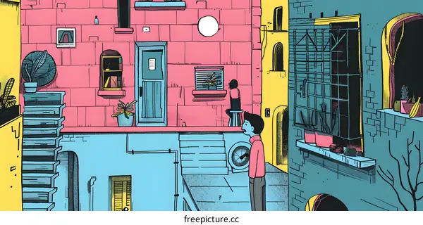 Colorful Illustration of Two People in an Alleyway