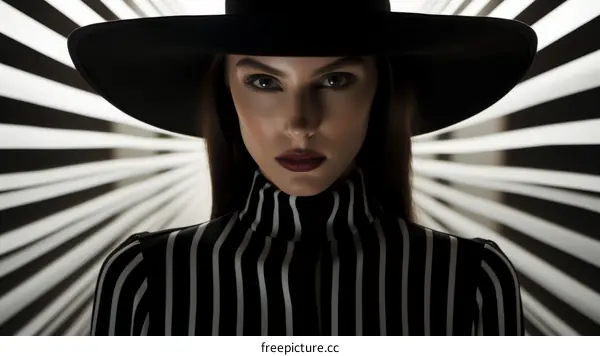 Fashion model with black hat and striped dress