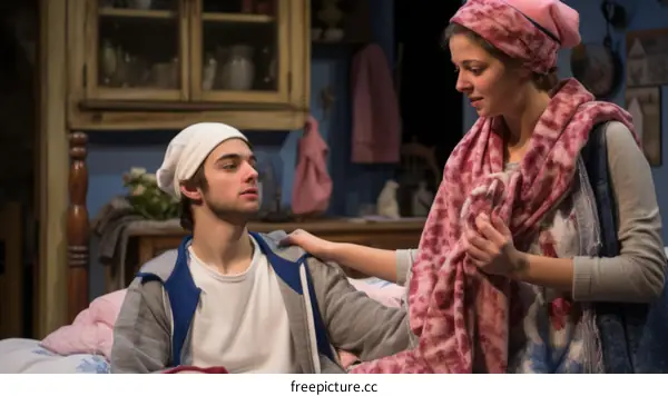 A young woman comforts a young man while sitting on a bed