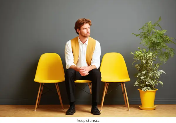 Waiting Room Interior with Man in Yellow Chairs