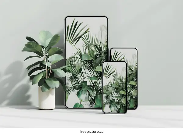 Three Smartphones with Green Plants on Display