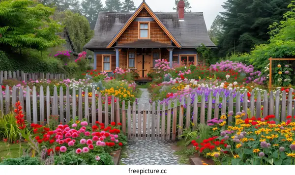 A beautiful garden with a small house