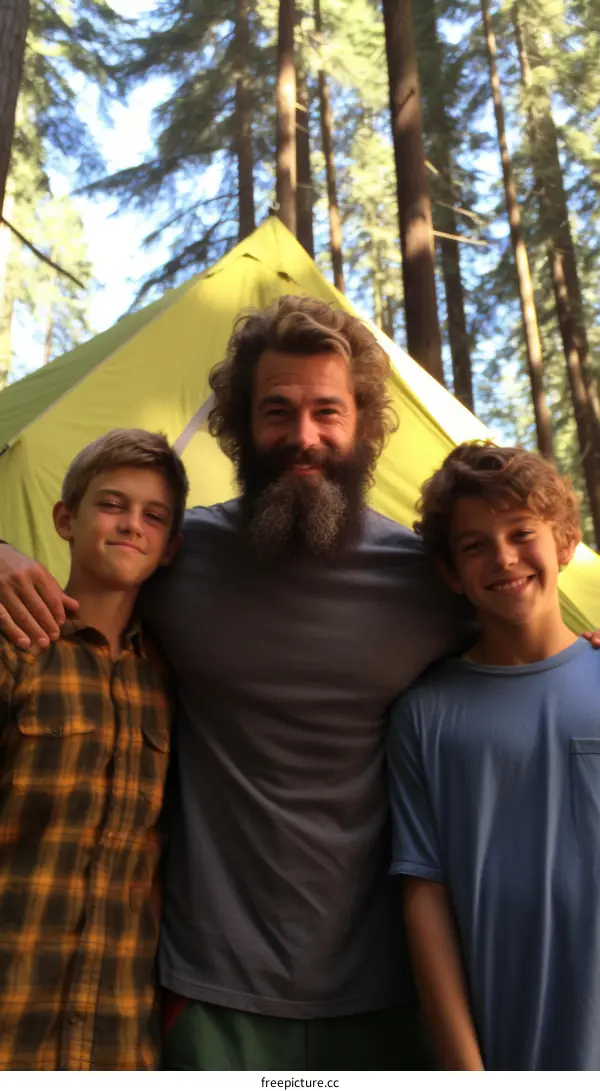 Happy family camping in the woods