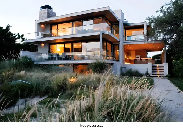 Modern Home with Grassy Landscape and Stone Pathway