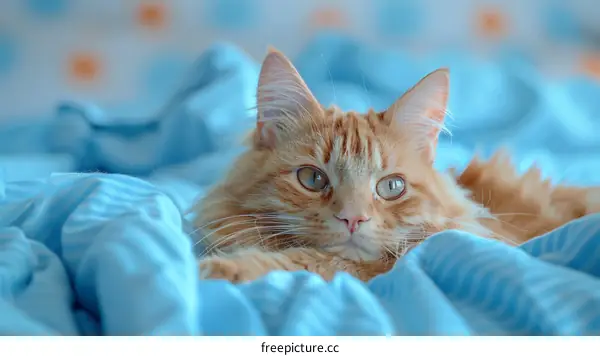 Ginger Cat Relaxing on Blue Blanket