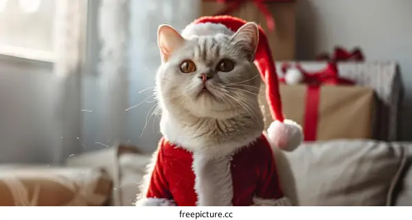 A cute cat wearing a Santa hat is sitting on a couch and looking at the camera.